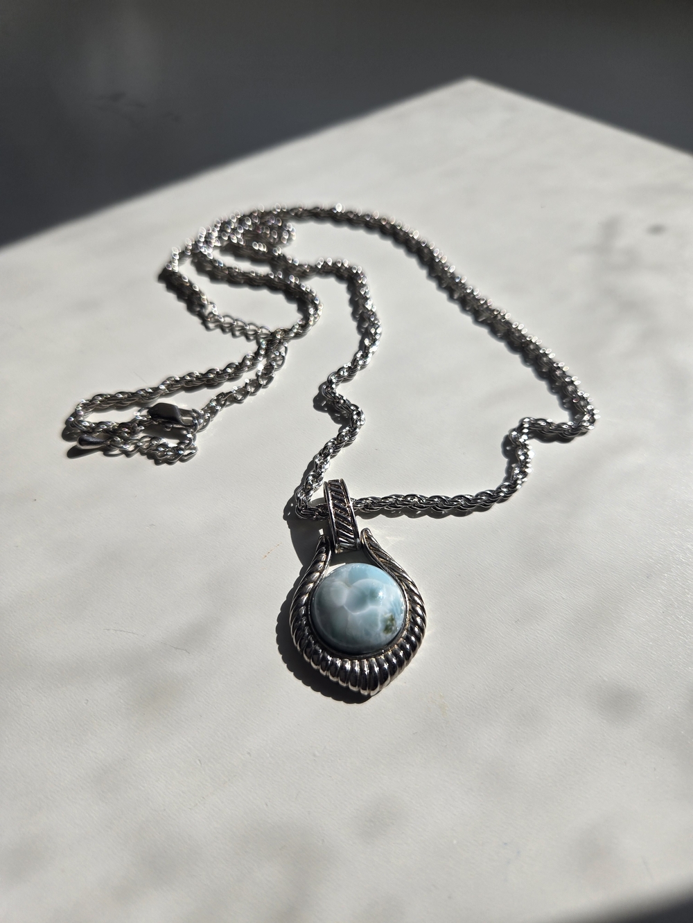 Sterling Silver Larimar Pendant Necklace - Light Blue Stone